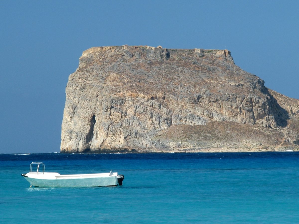 Imeri Gramvousa island with its Venetian fortress rising above the sea, Crete